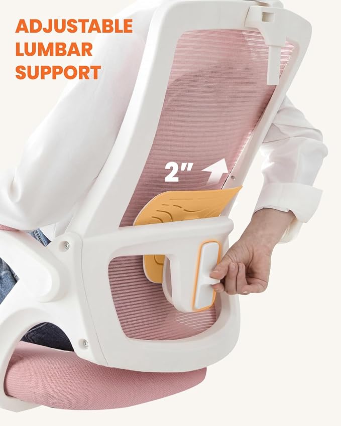 NEO CHAIR Office Chair High Back Desk Mesh Chair Comfy Computer Gaming Seat with Adjustable Ergonomic Headrest Lumbar Rolling Flip-up Armrests and Wheels (Pink)