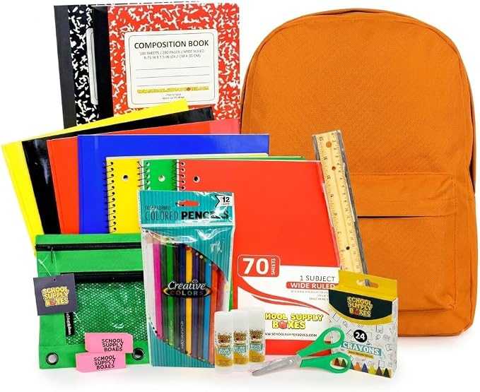 School Supply Boxes | 17" Assorted - Solid Color Backpack Bundle Pallet (180 Backpacks) for Elementary School | Back to School Bookbag with Supplies | Contains Crayons, Colored Pencils, Ruler, & More