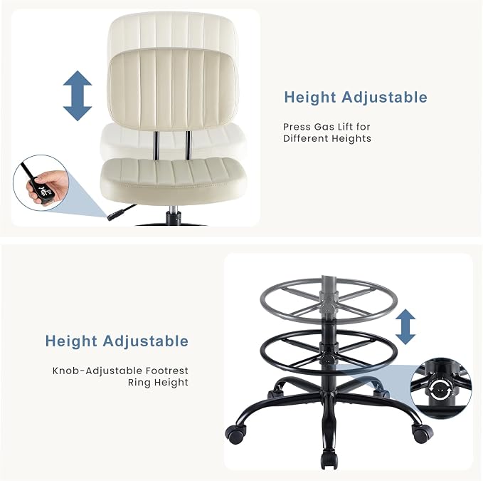 DUMOS Armless Drafting Chair, Low Back Office Seat with Adjustable Footrest Ring for Standing Desk, Ergonomic PU Leather Office Seating, Swivel Rolling High Stool for Studio, Lab, Counter, Beige