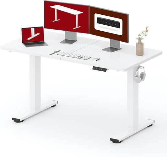 SANODESK Height Adjustable Electric Standing Desk 55x24 Inches, Sit Stand Desk with Splice Board for Home Office, Ergonomic Computer Workstation, Study & Gaming, White Frame/White Top