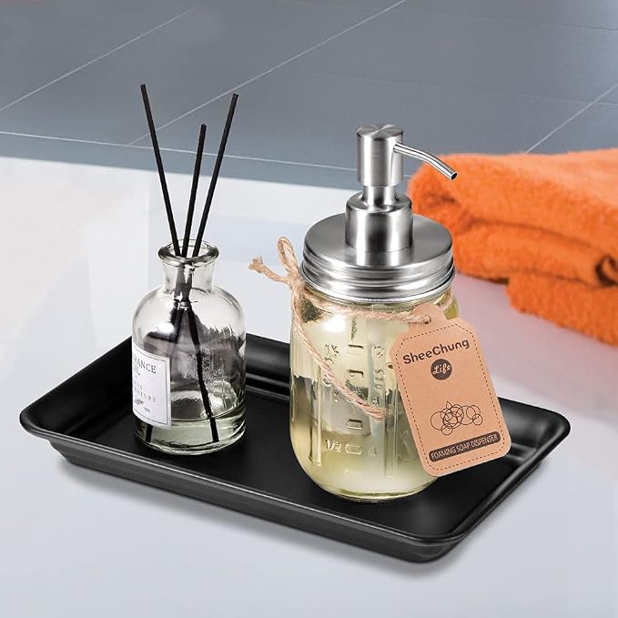 SheeChung Metal Vanity Tray, Bathroom Counter Storage Tray, Black 4 Pack | Sturdy Decorative Tray Holder, Farmhouse Vintage Decor Accessories for Perfume, Cosmetics, Jewelry, Makeup, Guest Hand Towel