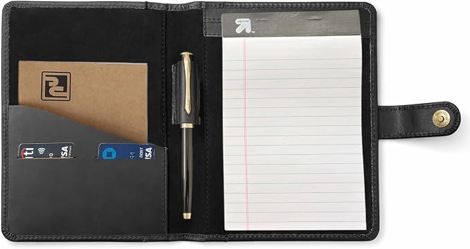 Leather Junior Padfolio 5x8, Small Bifold Business Portfolio Folder for Men & Women, Compact Legal Pad Holder with Pen Loop, Card Holder with Document Pocket, Interview Organizer (Black)