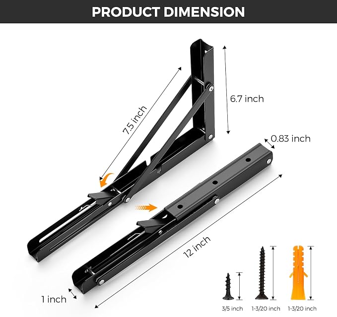 JOY DECOR 12 Inch Heavy Duty Folding Shelf Brackets, 4 Pack (2 Pairs) Collapsible Wall Mounted Brackets for Fold Down Table, Stainless Steel Folding Table Hinge, Matte Black