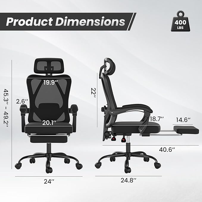 Farini Office Chair with Footrest, Ergonomic Mesh Office Chair with Headrest, High Back Desk Chair with Lumbar Support, Swivel Computer Chair for Home Office Study Room, Black and Black
