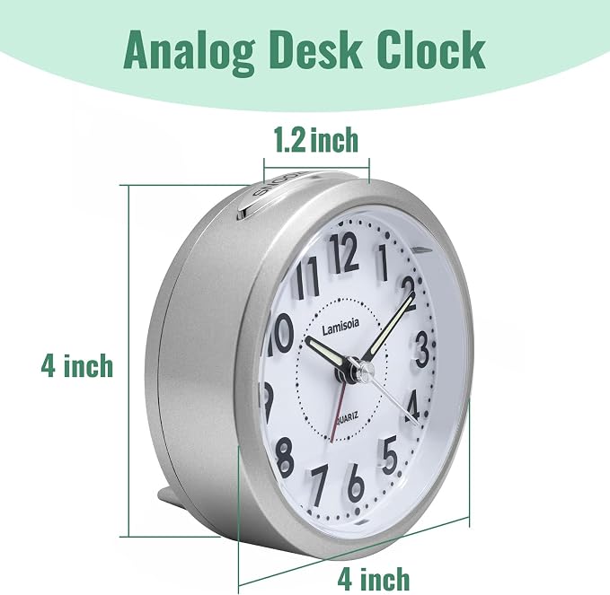 Lamisola 4 Inch Alarm Clock for Bedrooms, Small Analog Desk Clock, Silver | Battery Operated Bedside Clock for Bedroom Bathroom Home Nightstand Shelf, Night Light Snooze, Minimalist Clocks for Seniors