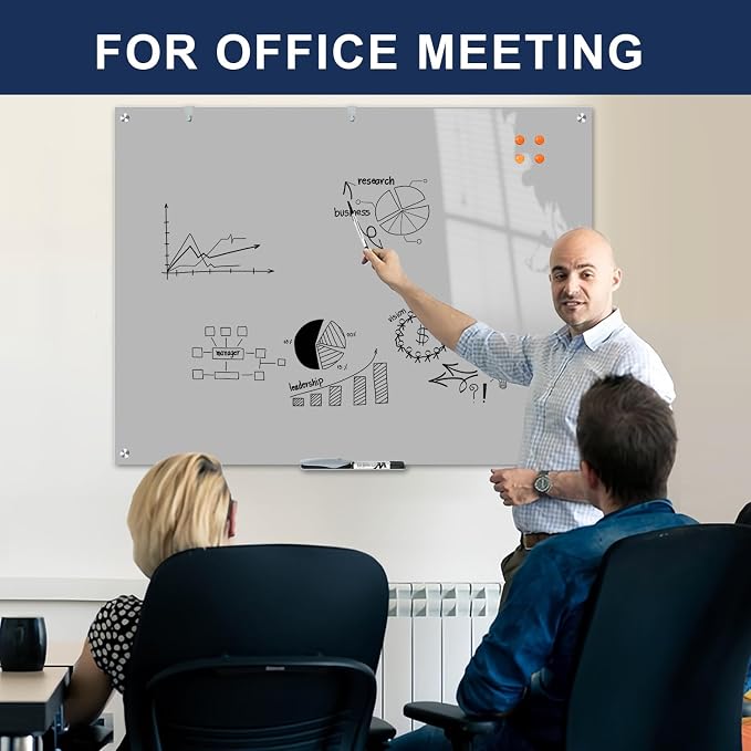 TSJ OFFICE Glass Dry-Erase Board - 48 x 32 Inches Wall Mounted Glass Whiteboard, Large Frameless Magnetic White Board for Office, Home & School, Gray