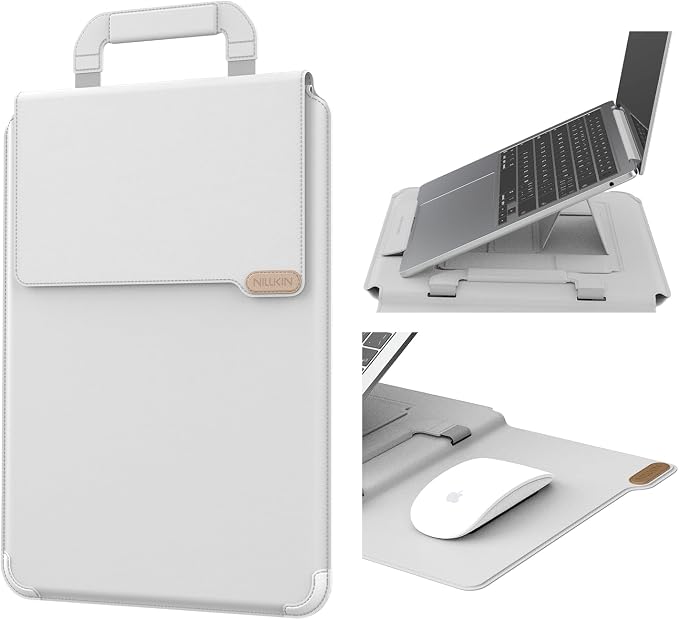 Nillkin Upgraded 12-14 Inch Laptop Sleeve Case for MacBook/Dell/HP/Lenovo/Asus, Unique Slim Travel Computer Bag with Adjustable Stand & Mouse Pad, Magnetic Handle, PU Leather, Gray
