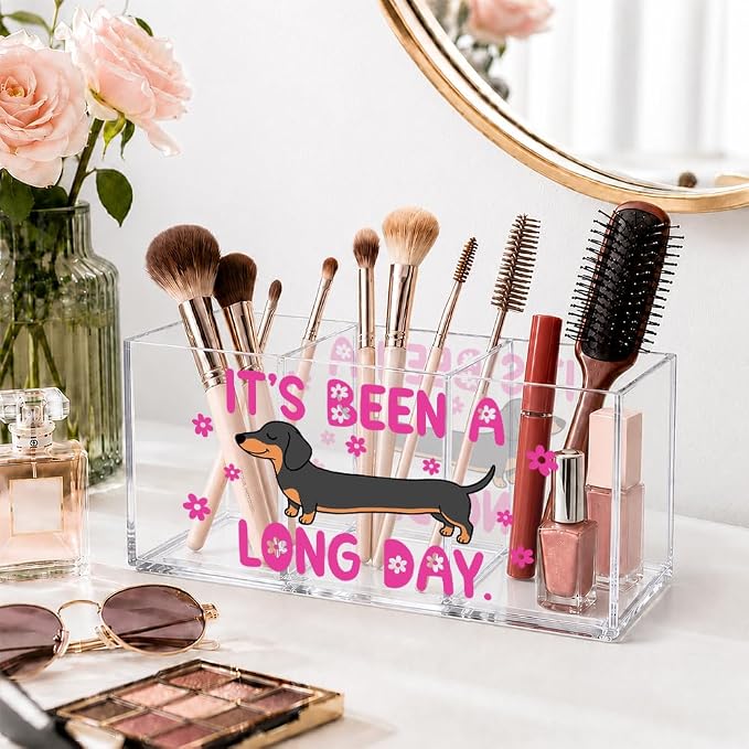 Funny Dachshund Acrylic Pen Holder, 3 Compartment Desk Organizer with “It’s Been a Long Day” Quote, Cute Dog Design for Office Supplies, Office Gifts for Dog Lovers, Women, Coworkers