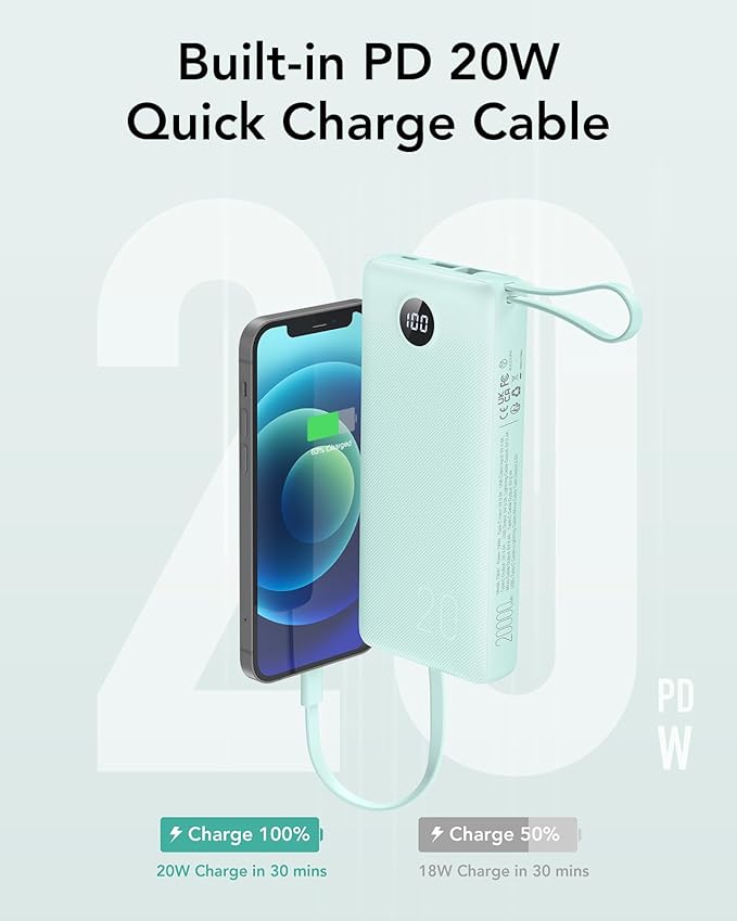 VRURC Portable Charger 20000mAh, Built-in Cables Fast Charging Power Bank, PD QC 3.0 Travel Essentials Battery Pack, 4 Output & 2 Input Phone Charger for iPhone, Samsung, Android
