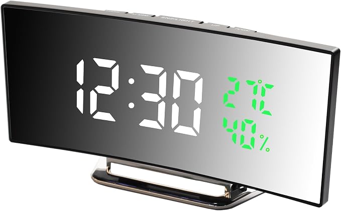 Digital Alarm Clock, LED Alarm Clock with Large Curved Screen, 2 Levels Brightness, 2 Alarms, Snooze, Bedside Clock with Temperature and Humidity Display, USB Power Supply (W&G)