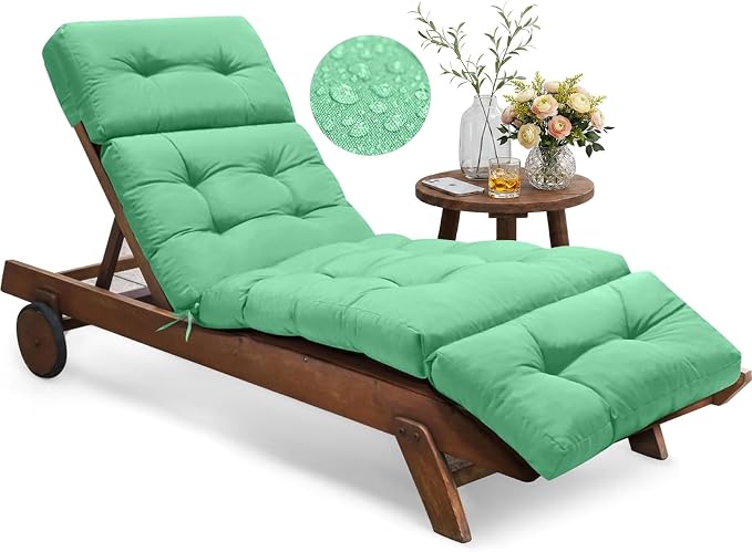 Outdoor Chaise Lounge Chair Cushion Waterproof 74.4 x 22 x 4.7 Inches Memory Foam Lounge Chair Cushions Replacement for Outdoor Furniture with Ties, Thickened Pool Lounge Chair Cushion, Cyan
