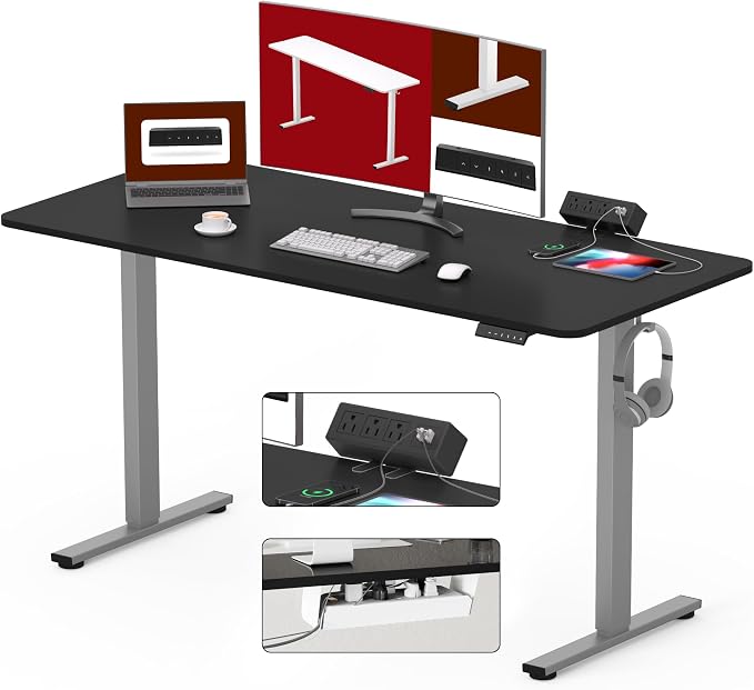 SANODESK Electric Standing Desk with Desk Clamp Power Strip 60"x 24" Whole-Piece Desktop Height Adjustable Stand Up Desk with Cable Management Sit Stand Home Office Desk Silver Frame/Black Top