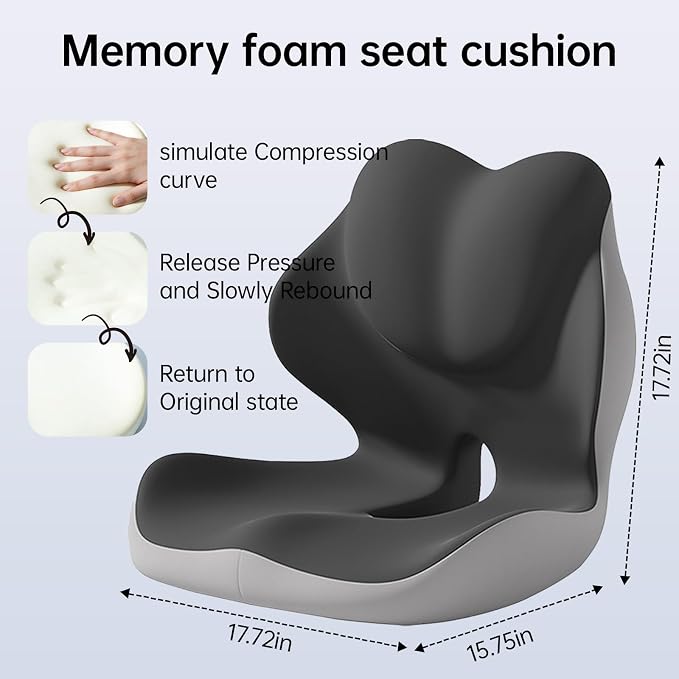 L-Shaped Seat Cushion, Memory Foam Chair Cushion with Raised Lumbar Support, Tailbone Cutout, Non-Slip Washable Cover for Office Chair, Car, Wheelchair, Gaming Chair