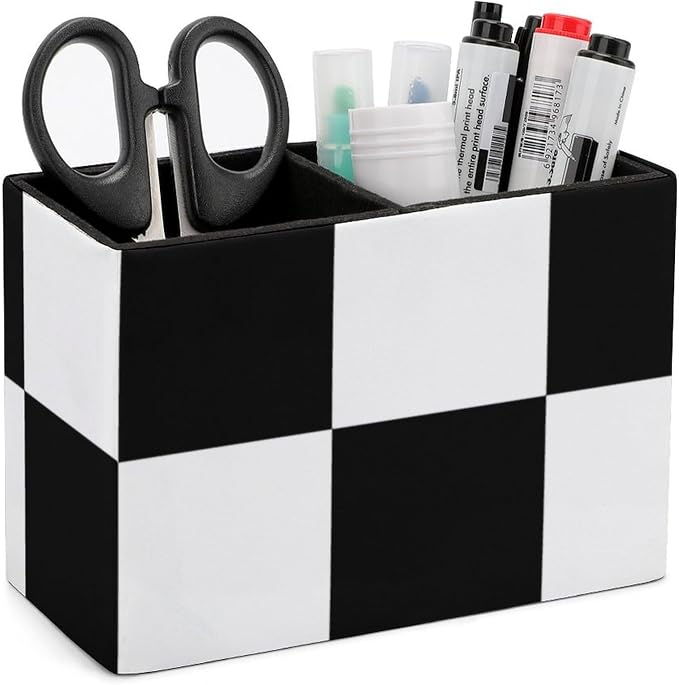 Black And White Plaid PU Leather Pen Holder Desk Organizer, 2-Compartment Pencil Container for Office, Home, Vanity Use