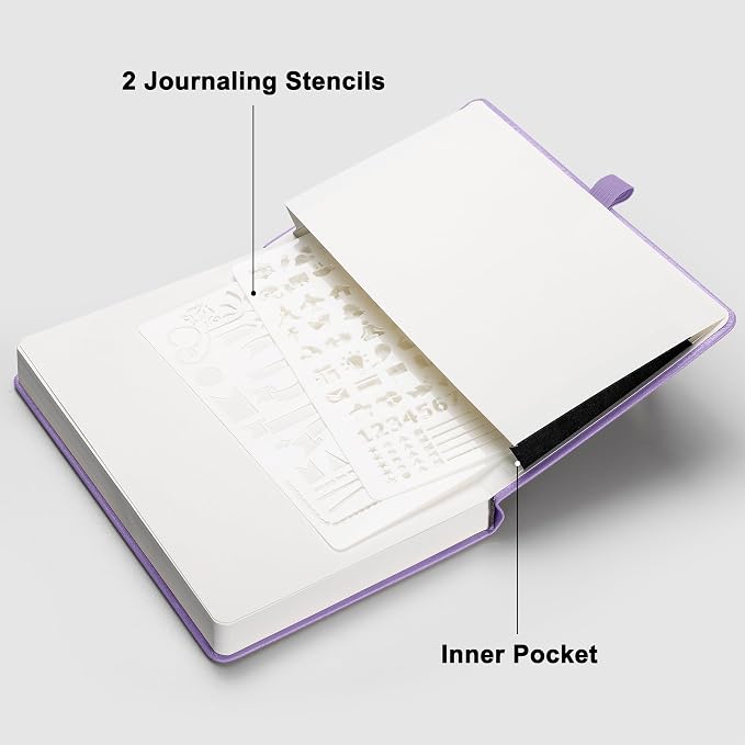 RETTACY Dotted Journal Notebook, 320 Numbered Pages, A5 Medium Size (5.7'' × 8.3''), Leather Hardcover, 100 GSM Thick Paper, for Journaling, Planning, Tracking (Purple)