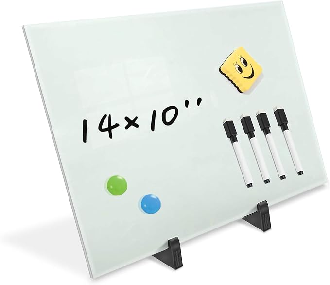 Magnetic Small Glass Whiteboard Desktop, ZHIDIAN 14x10 Portable Tempered Glass Dry Erase Board Panel with Adjustable Stand for Desk, Tabletop Glass Writing Board Easel for Office Home