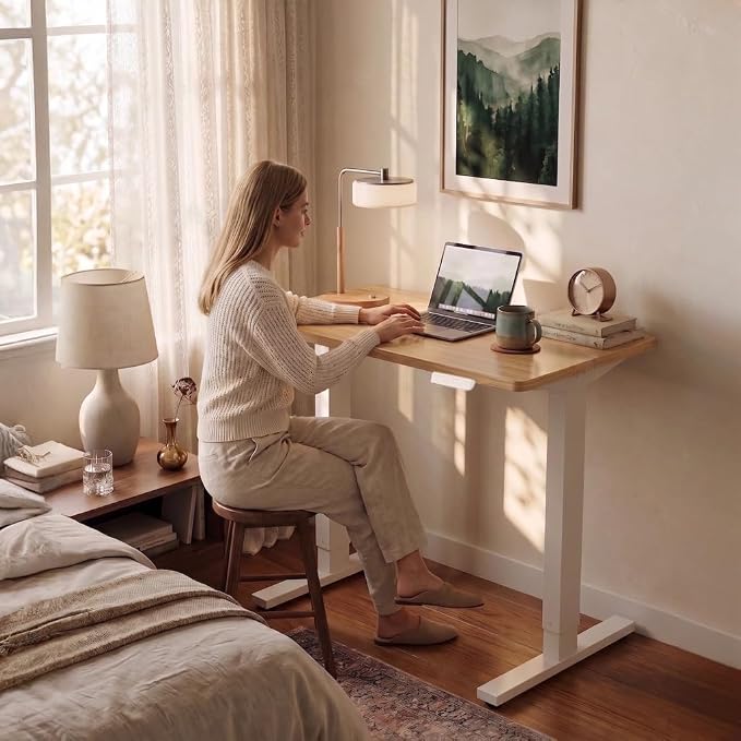 HUANUO Electric Standing Desk, 40 x 24 Inch Height Adjustable Computer Desk with Storage Bag, 4 Height Memory Settings, Sit Stand Up Desk for Home Office, Light Walnut