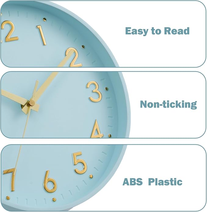 Mosewa Small 8 Inch Wall Clock Battery Operated Silent Non Ticking Analog | Aqua Blue modern clock; oversized 3D easy-read dial for kitchen, bedroom & office; 1 AA battery (not included)