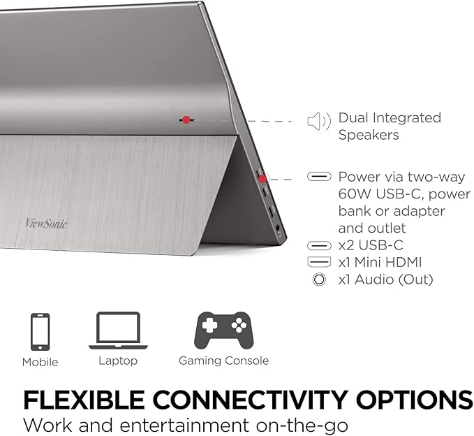 ViewSonic TD1655 15.6 Inch 1080p Portable Monitor with IPS Touchscreen, 2 Way Powered 60W USB C, Eye Care, Dual Speakers, Built-in Stand with Magnetic Cover