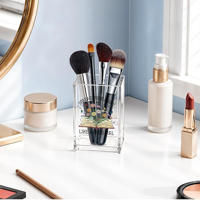 Spread Those Pages Like A Good Girl Acrylic Cosmetic Pencil Pen Holder, Funny Floral Pencil Holder for Desk, Bookish Gifts for Book Lover Librarian Teacher Reader, Reading Nook Accessories