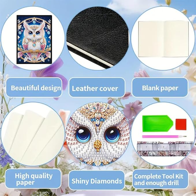 FRANDEK A5 50-Page DIY Owl Diamond Art Painting Notebook with Beautiful Patterns, Special Shaped Diamond Art Craft for Beginners Adults Gift