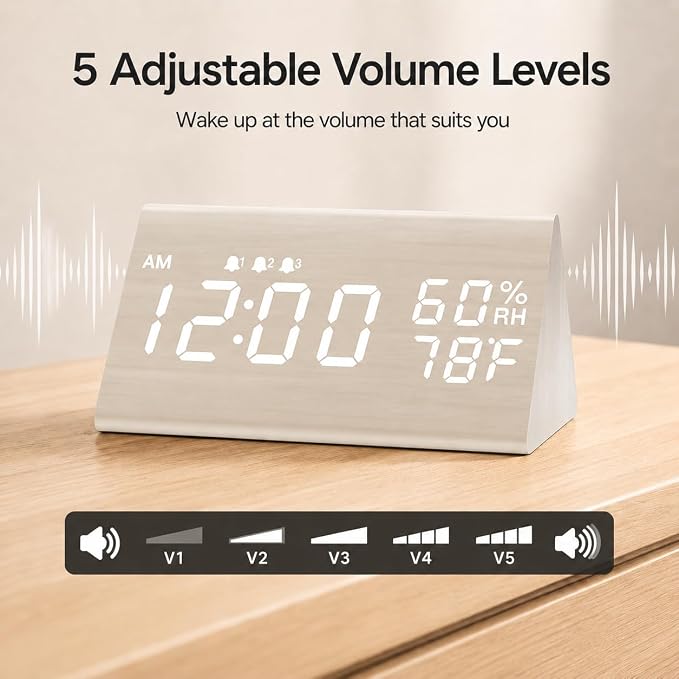 JALL Wooden Digital Alarm Clock for Bedrooms and Office, 3 Alarms with Big Digits, Humidity and Temperature Display, 6-Level Dimmer, Snooze, Loud Desk Clock for Heavy Sleepers, Plug in (White)
