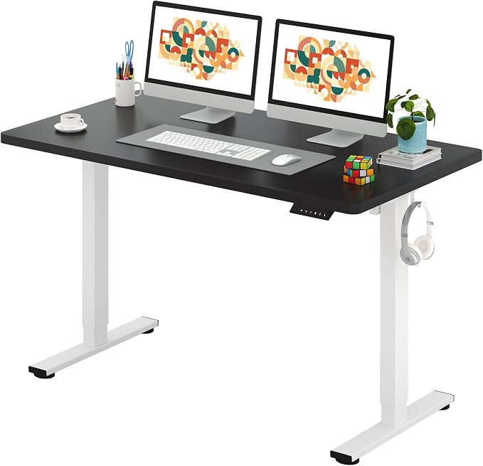 SANODESK One-Piece Electric Standing Desk, Seamless 55 x 28'' Ergonomic Height Adjustable Sit Stand Desk with Memory Presets for Home Office Computer Workstation, White Frame/Black Top