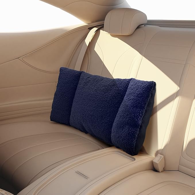 Queekay Fleece Lumbar Support Pillow 3 Section Back Pillow Office Chair for Back Support Comfortable Lumbar Cushion for Car Seat Pain Relief Sofa Rest(Deep Blue)