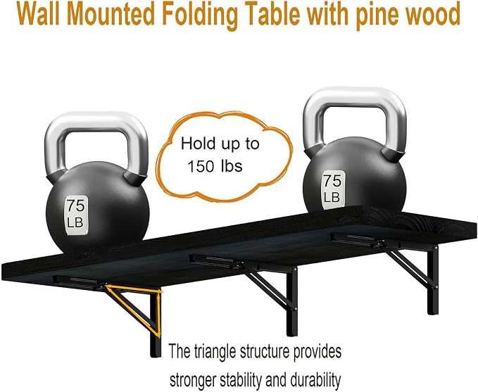 IAE Wall Mounted Folding Table with Pine Wood,48" x 16" Floating Wall Desk,Laundry Folding Table with Shelf Brackets,Fold Down Desk Shelf,Fold Workbench for Apartments,Home,Laundry Room,Kitchen,Black