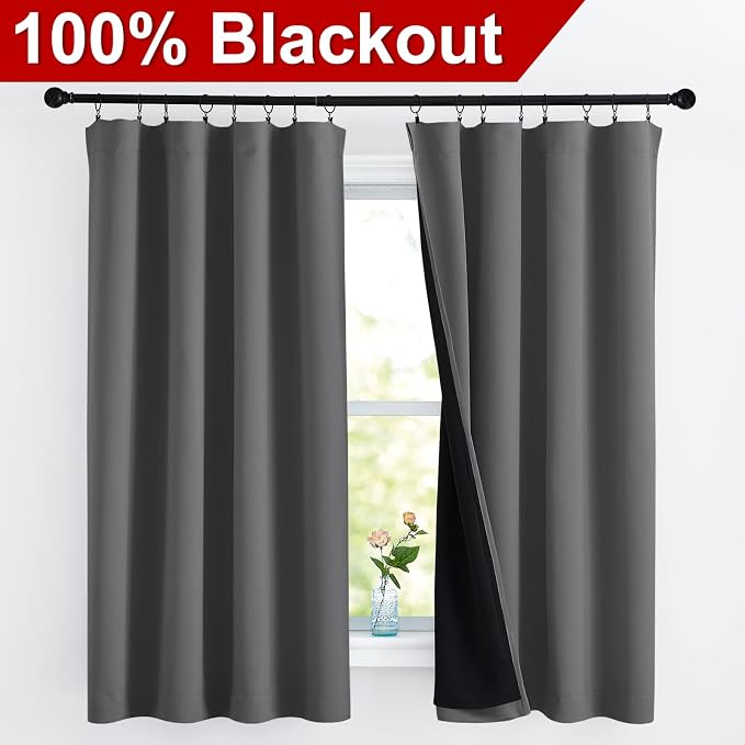 NICETOWN 100% Blackout Cold Blocking Curtains 63 inches Long, Soft Thermal Insulated Rod Pocket 2-Layer Lined Drapes, Energy Efficiency Window Draperies for Bedroom (Grey, 2 Panels, 52-inch W)