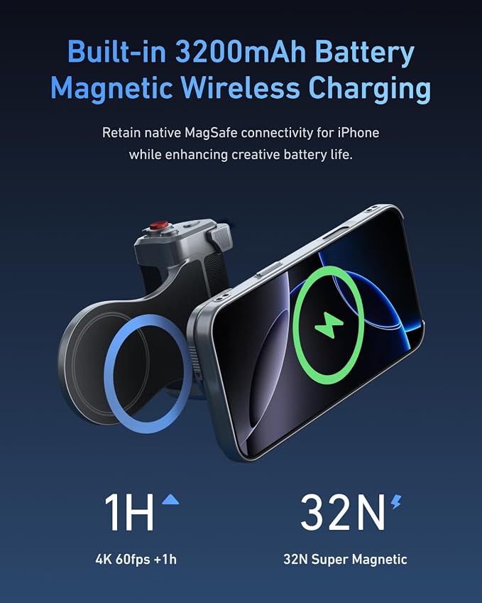TELESIN Master Grip Universal for iPhone/MagSafe, Magnetic Phone Camera Grips Kit Built-in 3200mAh Battery - Wireless Charging - DSLR Style Handle Holder -【Graphene Case Only for iPhone 17 Pro】