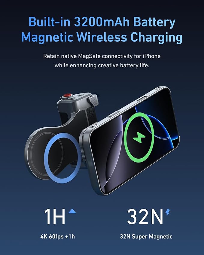 TELESIN Magnetic Master Grip Universal for iPhone/MagSafe, Phone Camera Grips Kit Built 3200mAh Battery Wireless Charging - DSLR Style Handle Holder -【Graphene Case Only for iPhone 17 Pro Max】