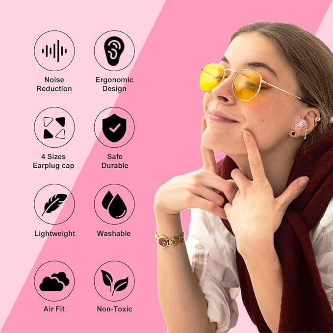 Ear Plugs for Sleeping Ultra-Soft Silicone Earplugs for Noise Cancelling Concerts Reusable Noise Reduction Earbuds for Travel Focus Work 33dB Hearing Protection with 9 Ear Tips & Case (Pink)