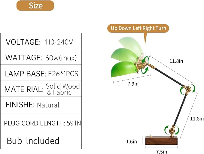Bankers Lamp, Adjustable Traditional Green Desk Lamp with Solid Ash Wood Base, Green Glass Antique Library Lamp with Power Cord Switch, Plug in Vintage Bankers Table Lamp for Office 【E26 Socket】