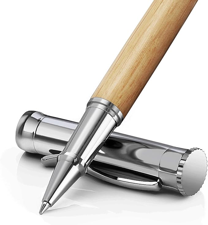 WEMATE Luxury Rollerball Pen Set, Extra 2 Ink Refills(1 Black & 1 Blue), Fancy Writing Pen Nice Office Gift for Men, Professional, Executive, Cool Wooden Pen for Journaling - White Oak