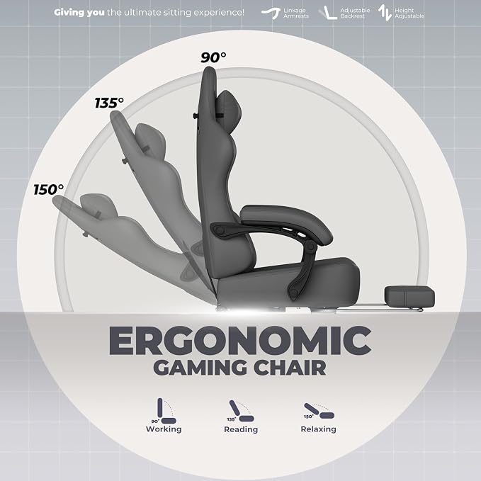 GTPLAYER Big and Tall Gaming Chair 400lbs Heavy Duty Office Chair with Footrest, High Back Pocket Spring Ergonomic Computer Chair for Adults, Wide Seated Cushion with Linkage Armrests, Leather Grey