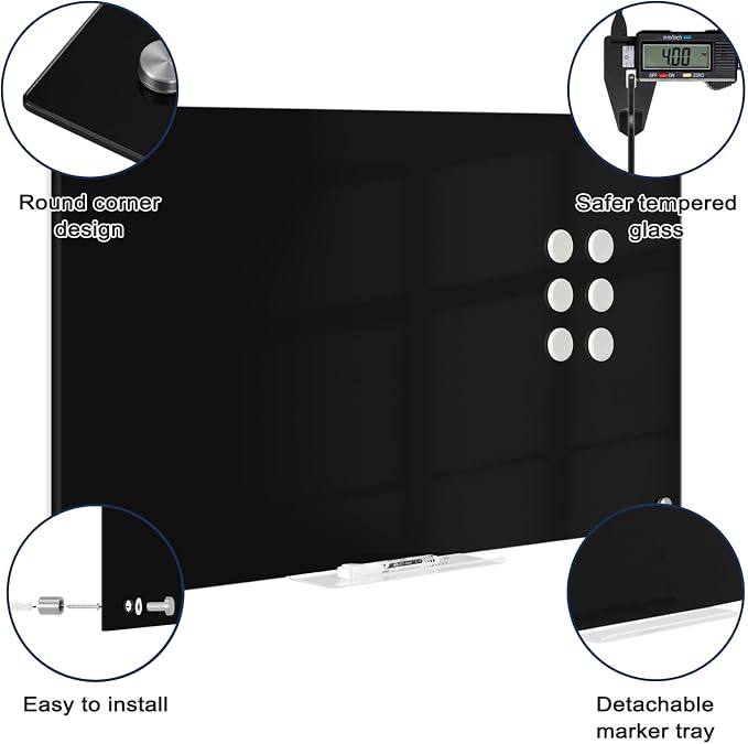 Magnetic Black Glass Dry Erase Board, 4' x 3', Frameless Wall Mount | 48" x 36" Large Glass Whiteboard for Wall, Includes 1 Marker Tray and 6 Magnets, White Board for Office, Home, Classroom