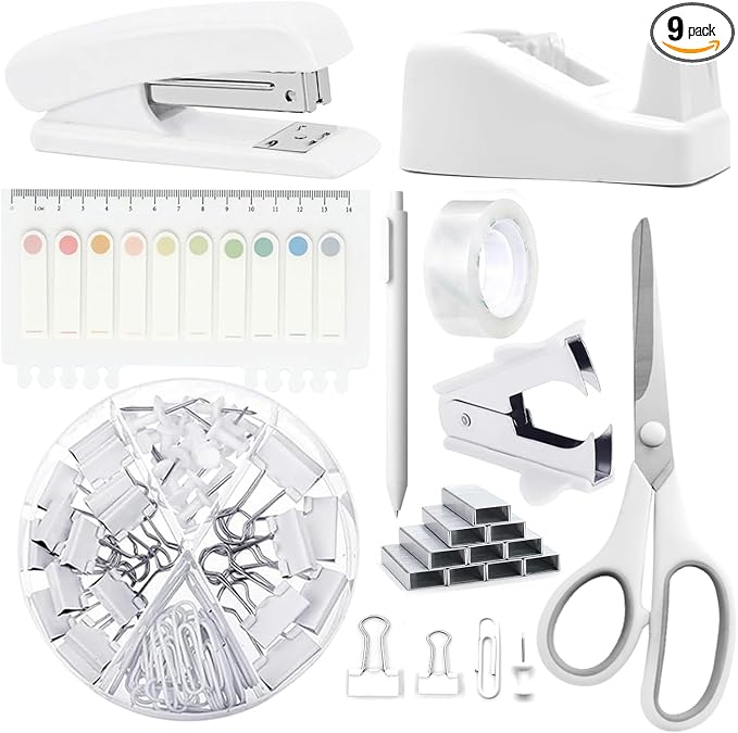 Office Supplies,White Desk Accessories,Office Supplies Set,Stapler and Tape Dispenser Set,Scissors,Staple Remover,Binder Clips,Staples,Ballpoint Pen,Index Tabs with Ruler,Clear Tape.9pcs for Office