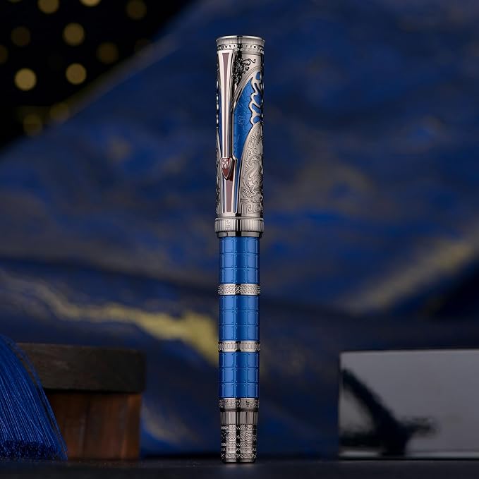 Hongdian D5X Fountain Pen Blue Color Fine Nib, Qin Dynasty Retro Chinese Totem Engraving Smooth Writing Pen with Converter and Pen Box Set