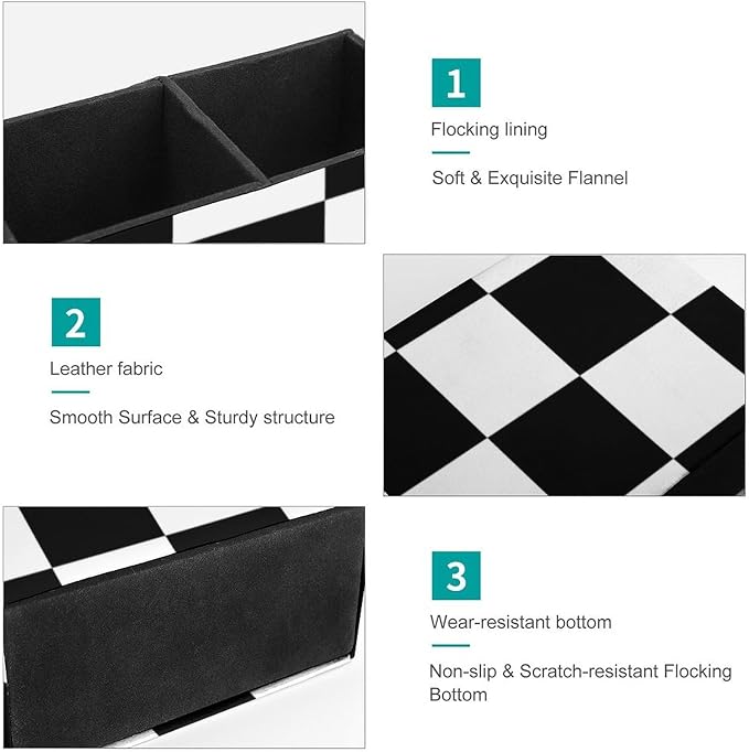 Chess Pattern Black And White Checkered PU Leather Pen Holder Desk Organizer, 2-Compartment Pencil Container for Office, Home, Vanity Use