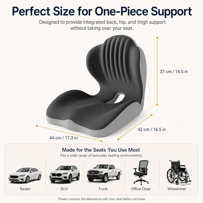 Car Seat Cushion with Lumbar Support, One-Piece L-Shaped Memory Foam | Ergonomic design with coccyx cutout, hip-to-thigh support and anti-slip base for long drives, office chairs and wheelchairs.