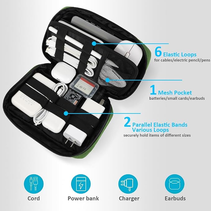 GOX Cable Organizer Travel Case, Water Resistant Electronic Accessories Pouch, All-in-One Versatile Tech Storage Bag for Charger, Cord, Phone, Hard Drive & Power Bank (Green)