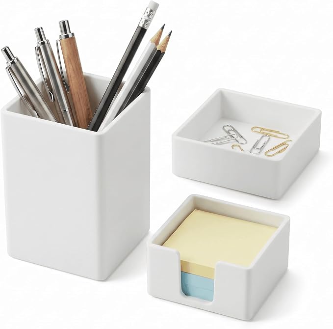 Silicone Pen Holder Set 3-Piece Desk Organizer White | Food-grade silicone. 3-piece set: pen cup, clip box, note holder. Black or white. Scratch-free, non-slip, easy clean.