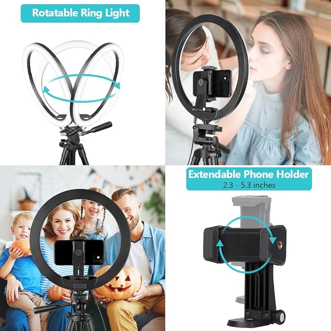 Sensyne 12'' Ring Light with 50'' Extendable Tripod Stand, LED Circle Lights with Phone Holder for Live Stream/Makeup/YouTube Video/TikTok, Compatible with All Phones (Pack of 2)