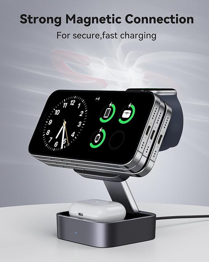 3 in 1 Wireless Charging Station for Apple Devices,Compatible with MagSafe Charger Stand,Foldable Fast Travel Magnetic Wireless Charger for iPhone 17 Air 16 15 14 13 12,Apple Watch&AirPods Pro