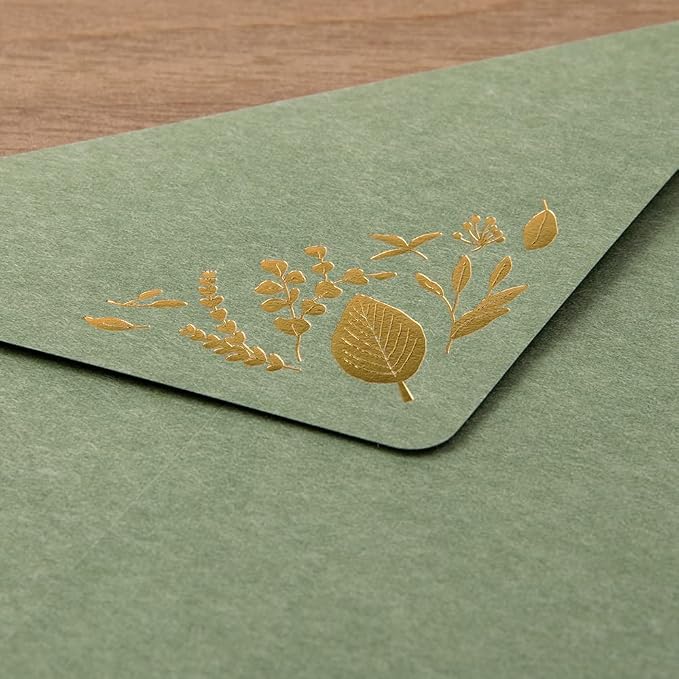 Midori 86507006 Letter Set Foil Stamped Envelopes, Leaf Pattern