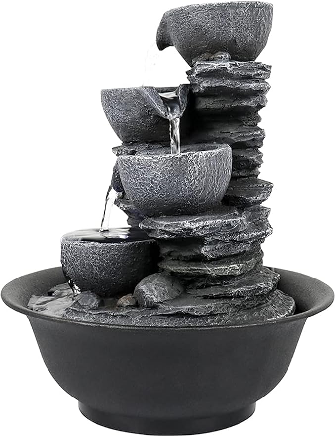 10.6” High Tabletop Water Fountain - 4-Tier Tabletop Fountain Indoor with LED Light, Rock Style Cascading Desk Fountain, Zen Relaxation Water Feature for Office, Living Room or Bedroom Decor