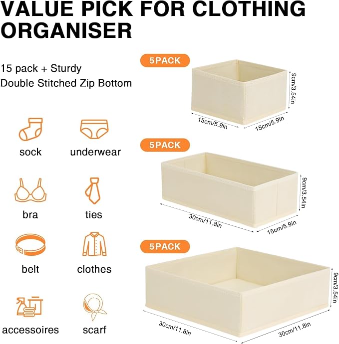 DIMJ Drawer Organizer Clothes 15 Pack - Foldable Baby Organizers and Storage & Closet Organizers for Bedroom, Closet - Nursery Organization Dresser Dividers for underwear, Sock,Bra, Belt, Tie, Beige