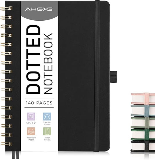 AHGXG Dotted Journal Spiral Notebook, Hardcover Leather Dotted Notebook 140 Pages, A5 Dot Grid Paper Notebook, 100 gsm Thick Paper, for Dotted Journaling, 5.7" x 8.3", Black