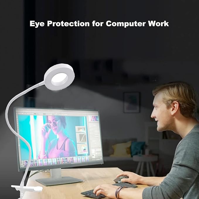 LED Desk Lamp with Clamp for Video Conference Lighting, USB Light for Laptop Zoom Meetings, Clip on LED Ring Light for Computer Webcam Lighting Dimmable White